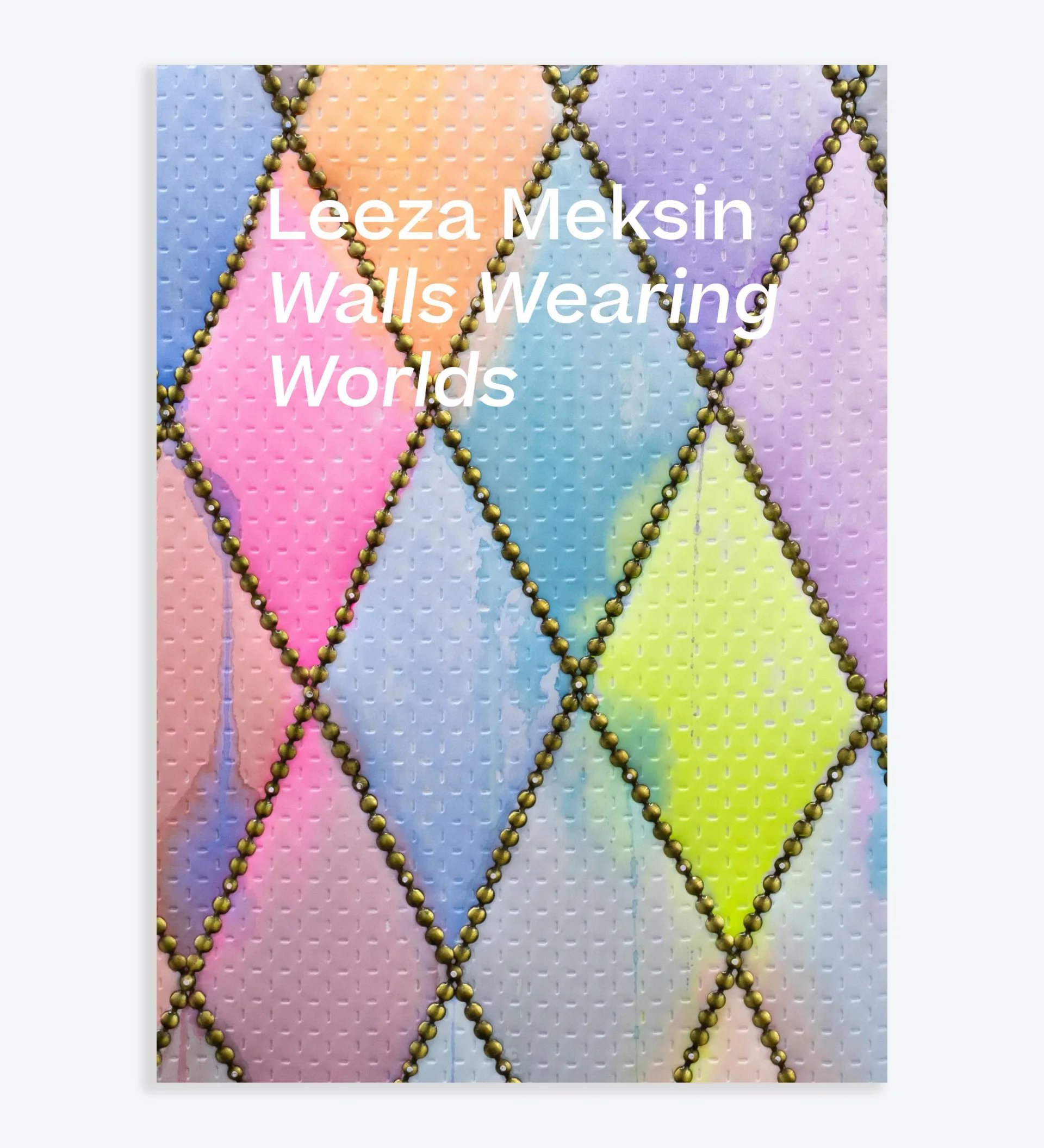 Book or exhibition cover with title "Ceza Meksin Walls Wearing Worlds" overlaid on a colorful diamond-quilted textile pattern in pastels.