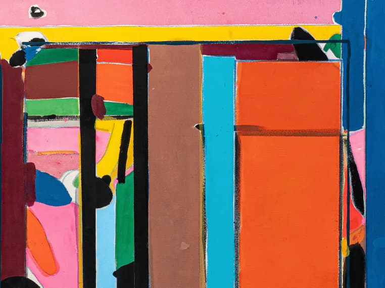 Abstract composition in bold primary colors—orange, blue, pink, yellow—with black linear divisions and rectangular planes creating fragmented interior space.