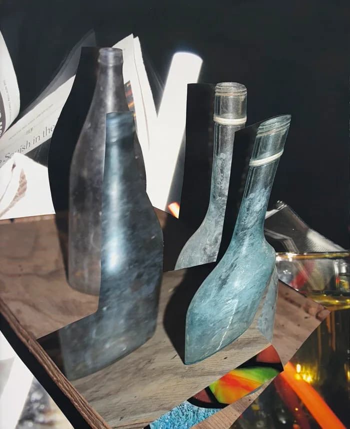 Three patina-covered metal vessels arranged on wood, with prism creating rainbow light spectrum; sculptural still life.