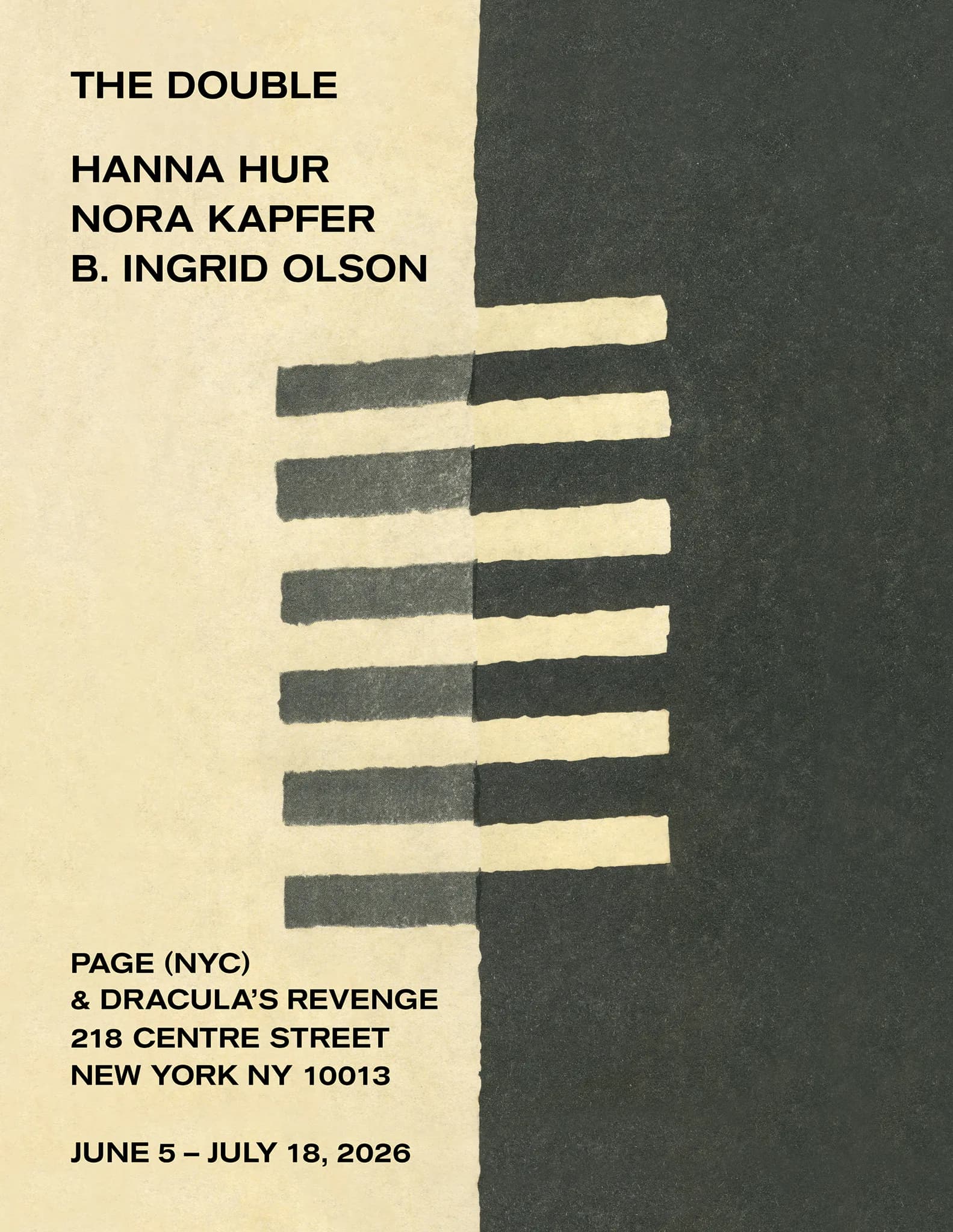 Exhibition announcement for "The Double" featuring Hanna Hur, Nora Kapfer, and B. Ingrid Olson at PAGE (NYC), June 5–July 18, 2026, with minimalist geometric black and cream design.