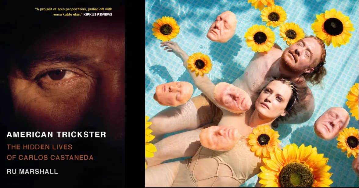 Book cover for 'American Trickster: The Hidden Lives of Carlos Castaneda' by Ru Marshall, featuring a dark close-up eye photograph on left and colorful sunflower arrangement on right.