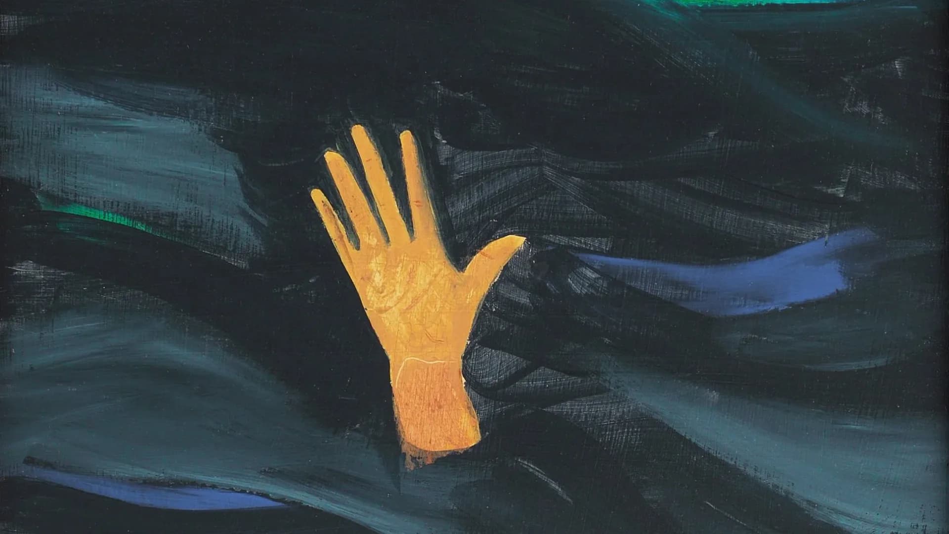 Abstract painting of an outstretched golden hand against dark teal and blue brushstrokes.