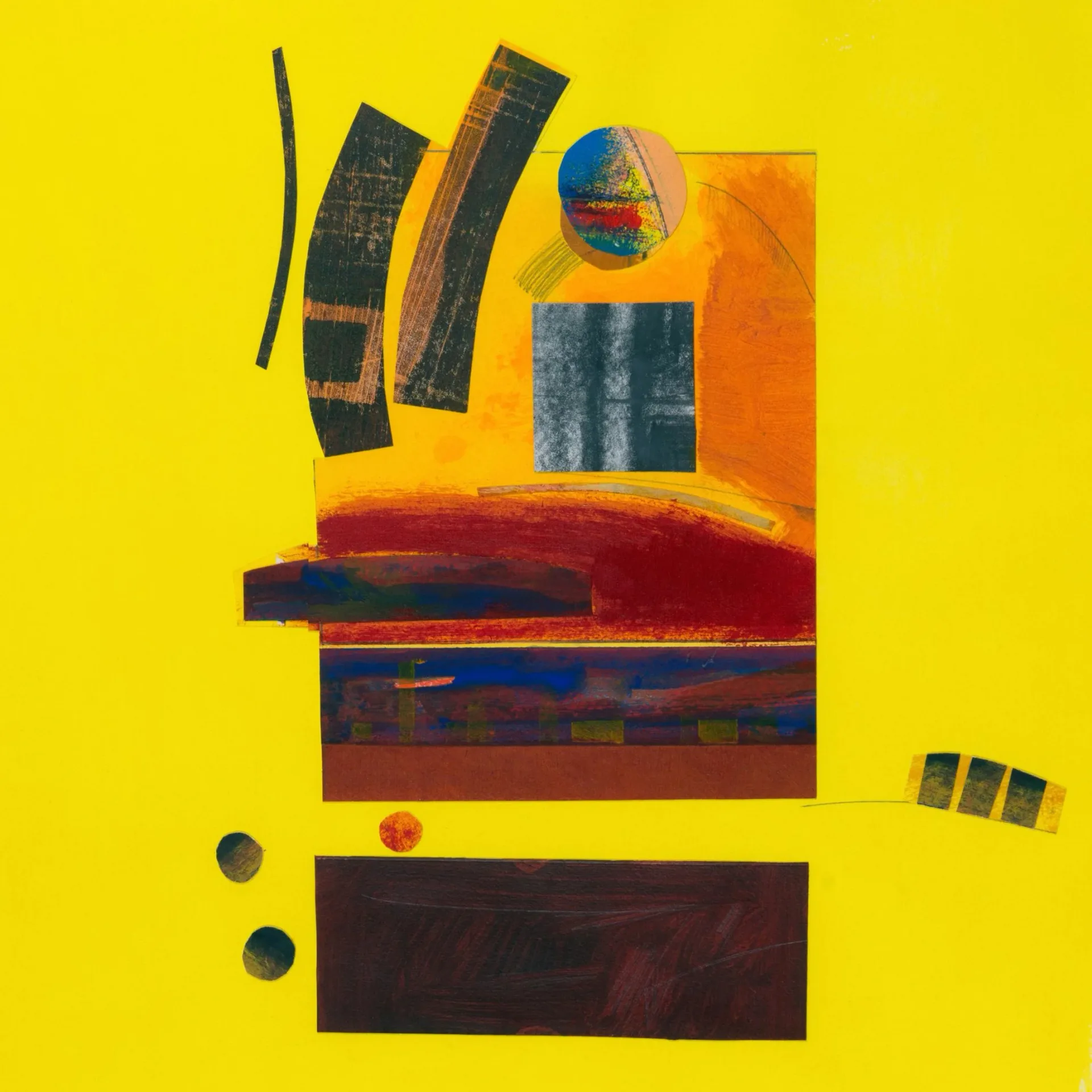 Abstract geometric composition on bright yellow background with stacked colored rectangles, curved lines, and circular elements in blue and red.