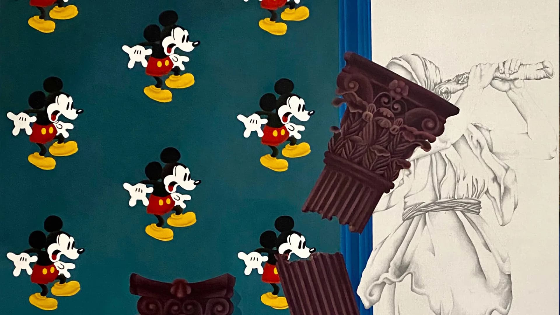 Mixed-media collage combining Mickey Mouse repeat pattern on teal background with vintage fashion sketches and dark ornamental elements.
