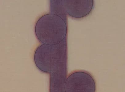 Abstract geometric composition with purple textured vertical rectangle and three overlapping circles in varying sizes, mounted on beige wall.