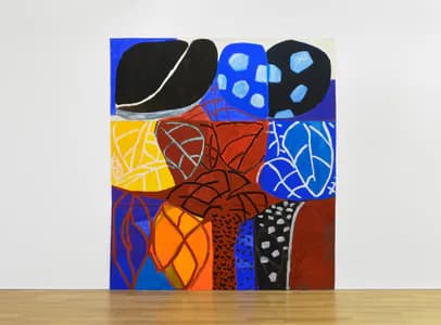 Colorful abstract painting with bold geometric shapes and patterns in blue, yellow, orange, red, and black divided into nine sections.