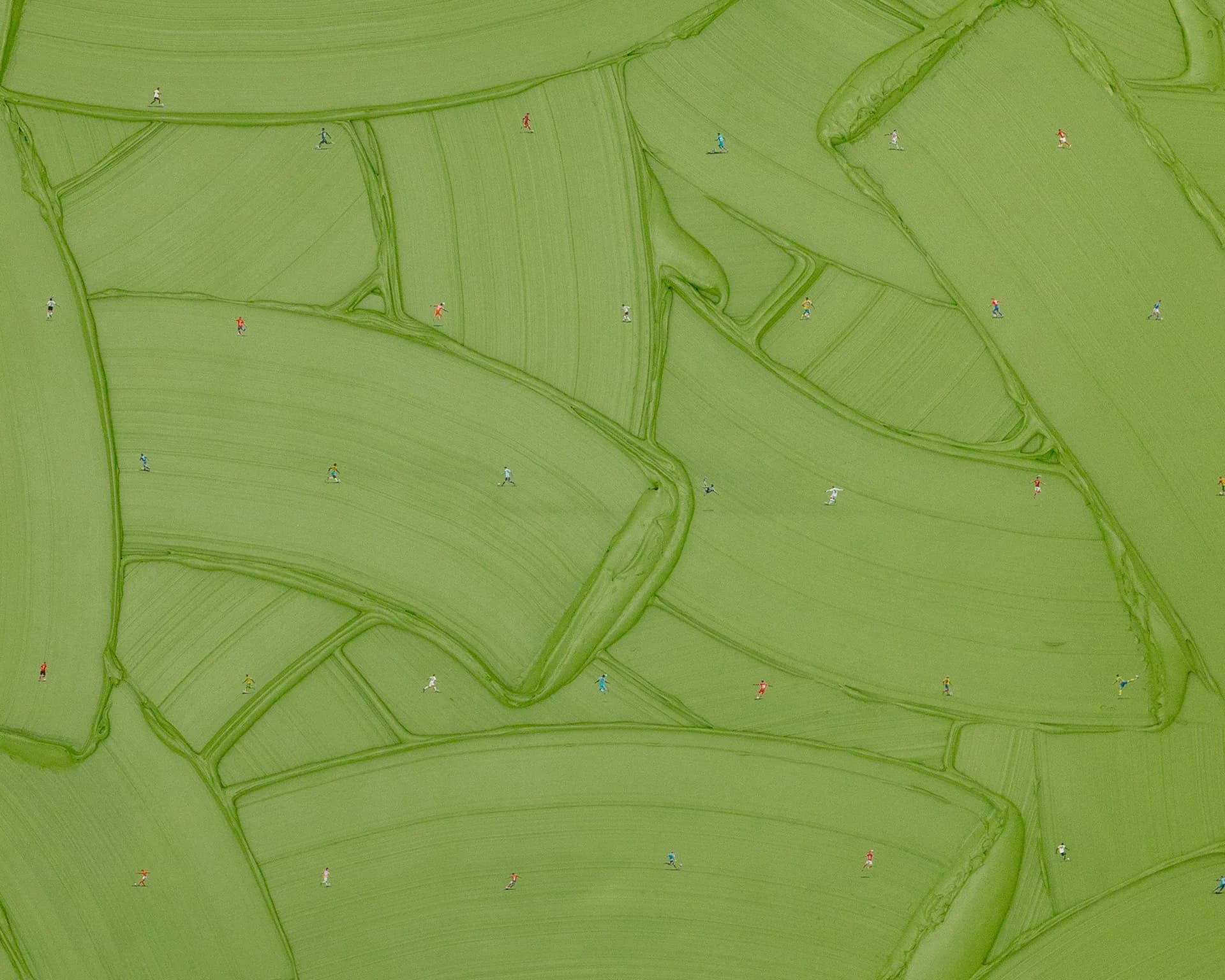 Abstract green leaf-like forms with organic curved lines and scattered white and red dots on pale green background.