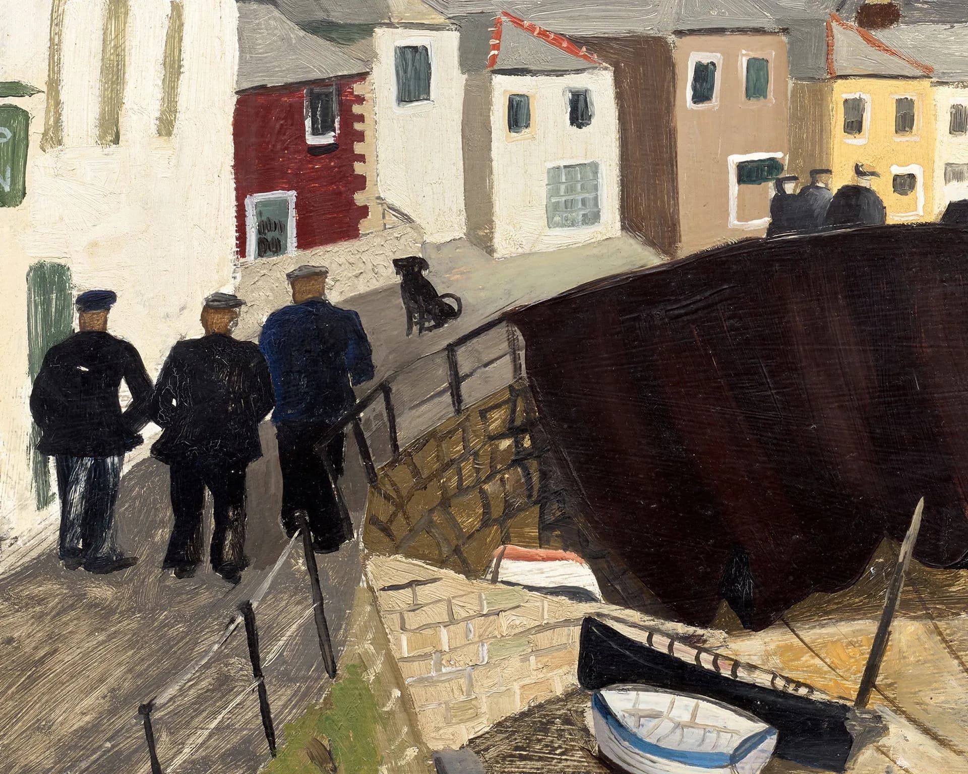 Figurative painting depicting three figures in dark clothing standing on a dock beside a large dark boat, with colorful cottages in background.
