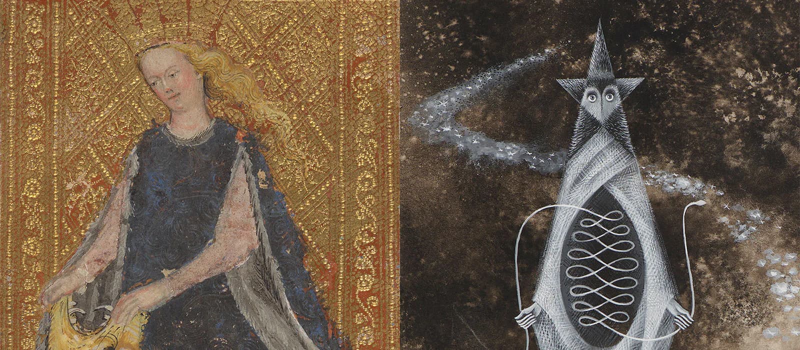Two artworks: left shows a medieval portrait painting of a figure with gold background; right shows a contemporary black-and-white drawing of an abstract fish-like form.