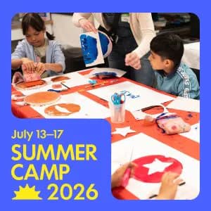 Promotional graphic for Summer Camp 2026 (July 13-17) featuring children engaged in creative activities at a colorful orange table.