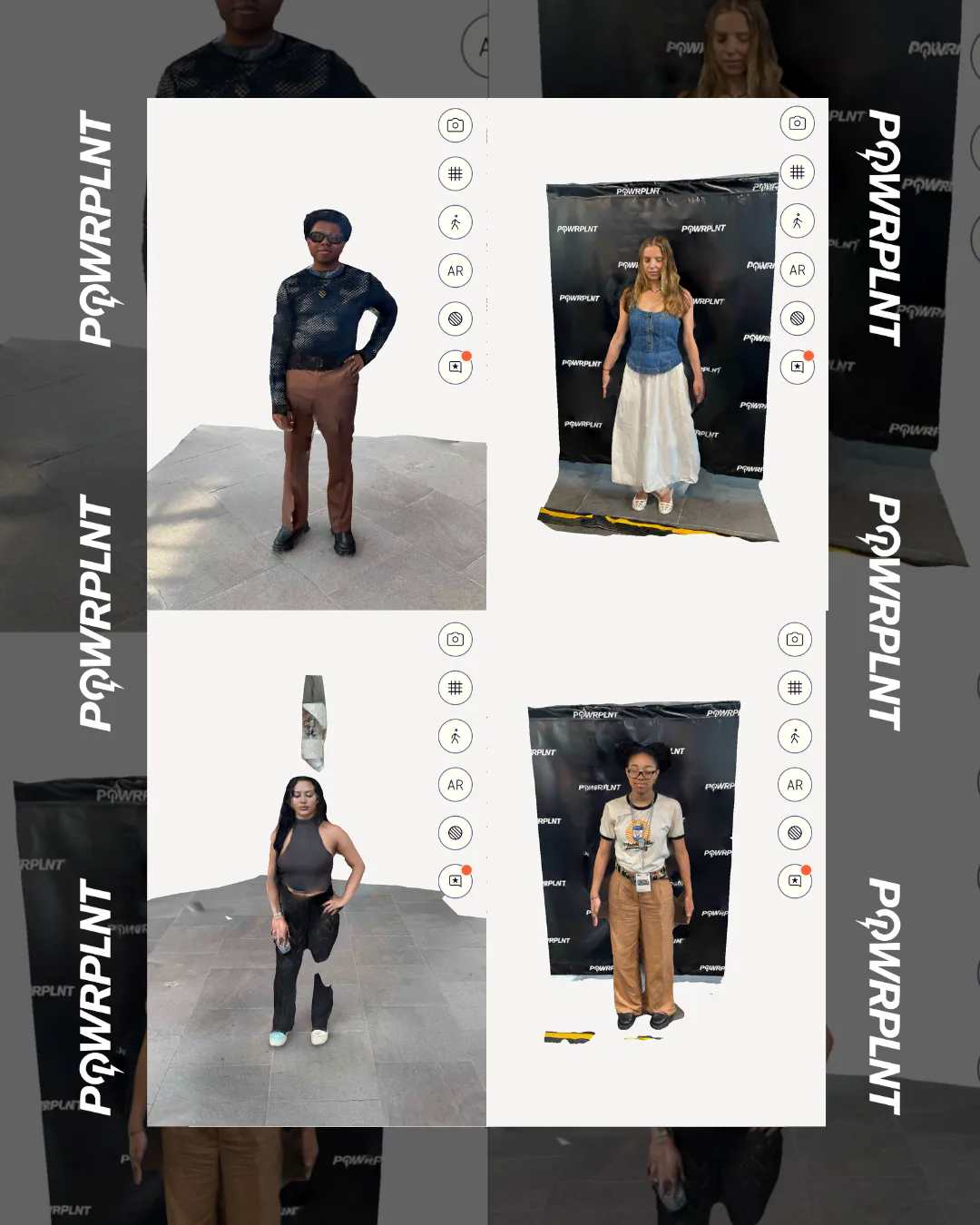 Four portrait photographs arranged in a grid, each showing a person standing against a POWRPLNT branded backdrop, displayed on white backgrounds with interaction icons.