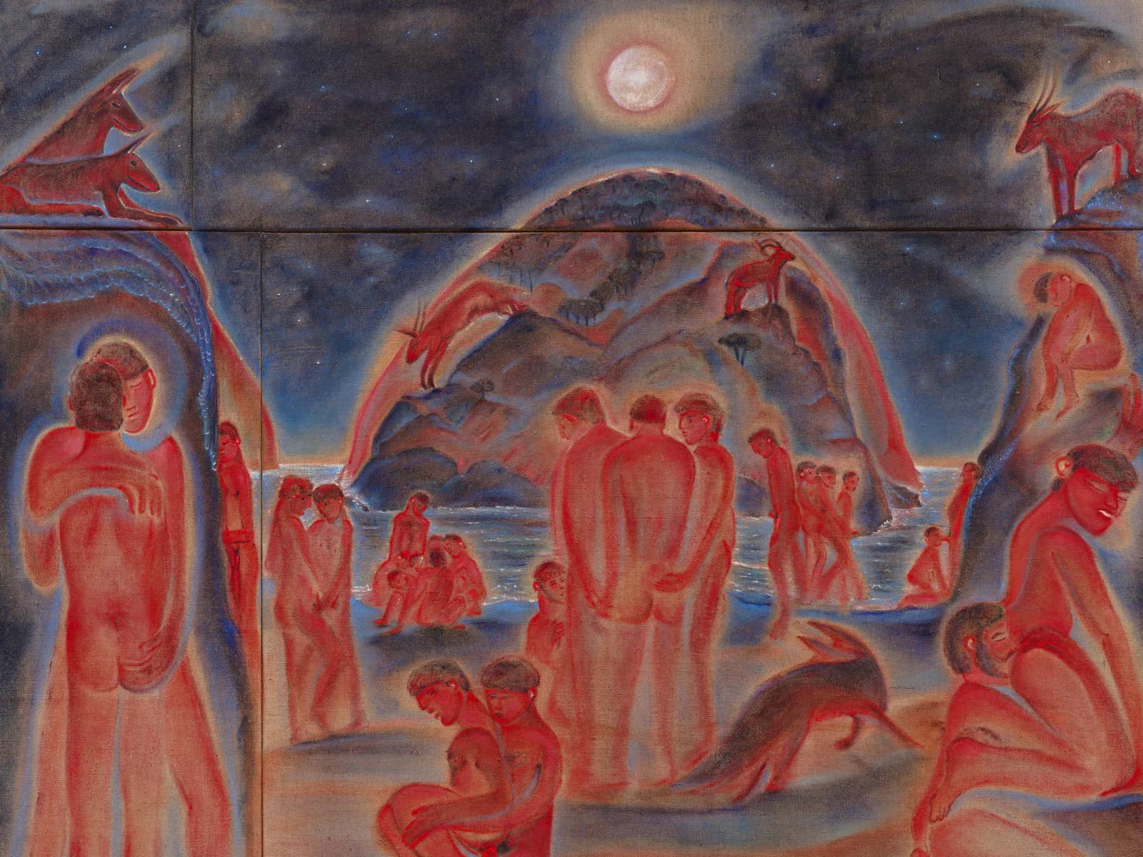 Painting with red and ochre figures gathered under a moon in a nocturnal landscape, rendered in an expressionist style with bold brushwork.