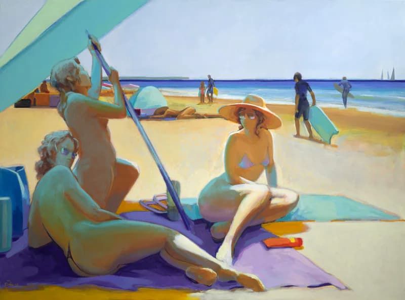 Colorful figurative painting of beachgoers in blue, yellow, and turquoise tones with stylized human figures and surfboards against sandy beach and ocean landscape.