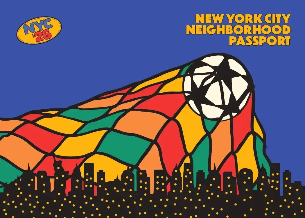 NYC Neighborhood Passport promotional graphic with colorful basketball net and cityscape silhouette against blue background.