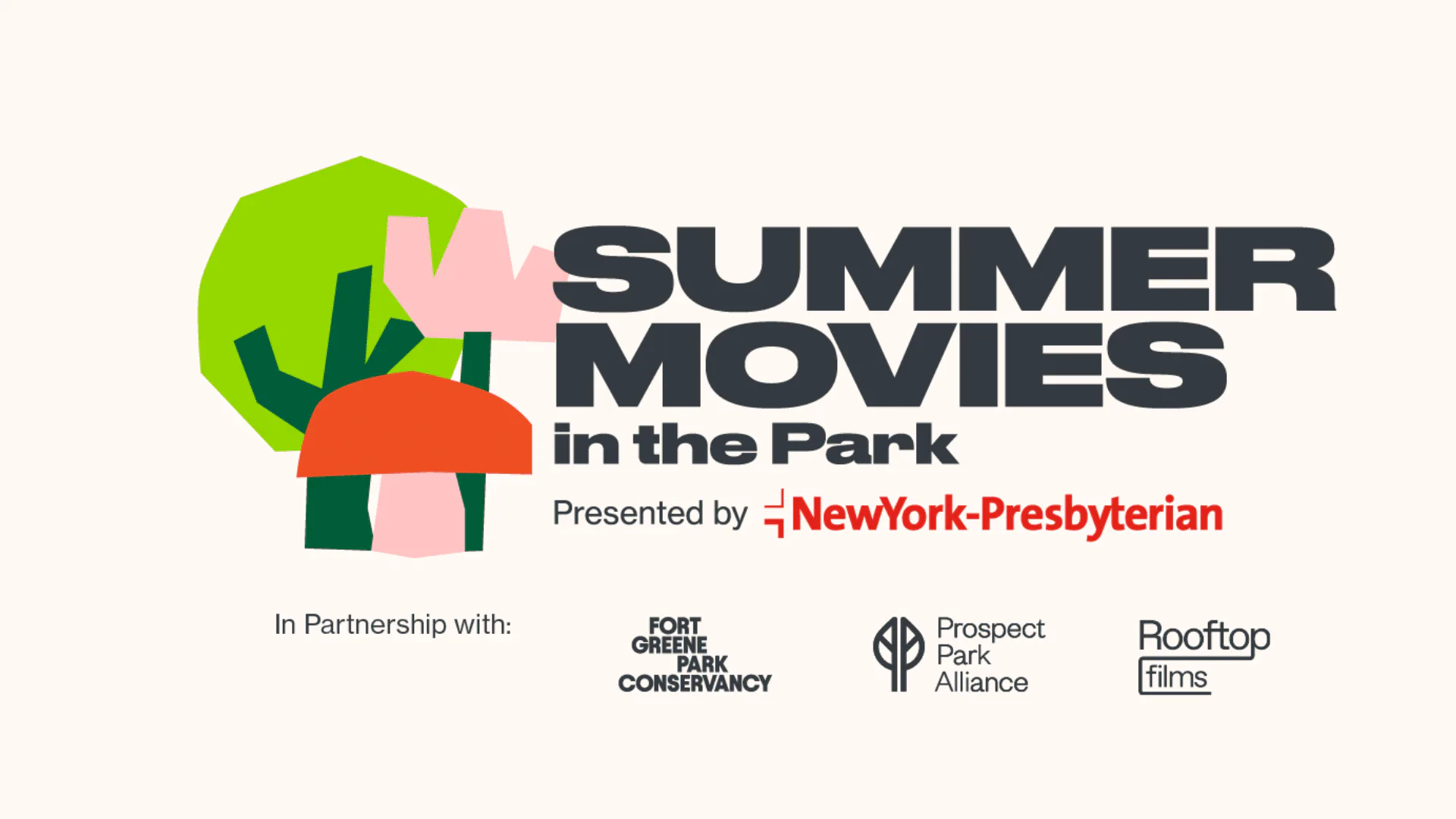 Summer Movies in the Park event poster with green and pink geometric shapes, presented by NewYork-Presbyterian and Prospect Park Alliance.