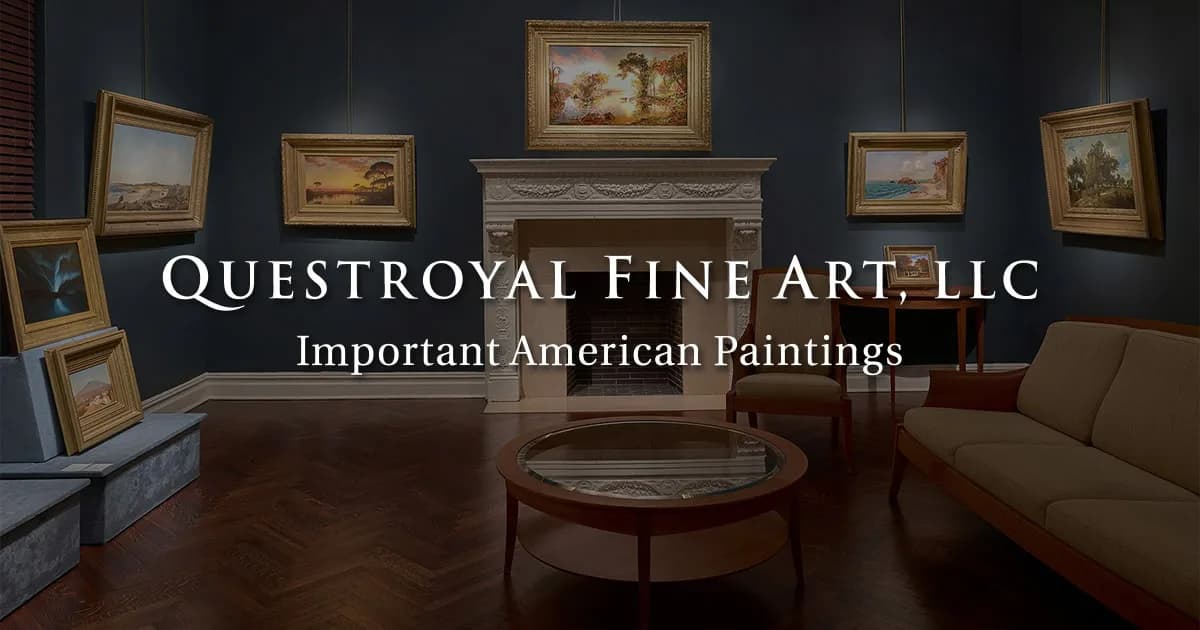 Questroyal Fine Art gallery interior with dark walls displaying framed landscape paintings, wooden furniture, and track lighting.