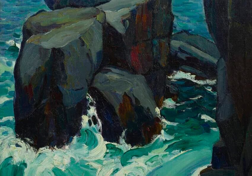 Oil painting of dramatic dark rocky coastal formation with turquoise ocean waves and white surf, impressionist style.