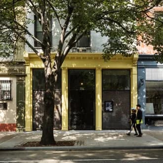 Storefront of the Renee and Chaim Gross Foundation with yellow-painted facade, large windows, and a street tree in front on a sunny day.