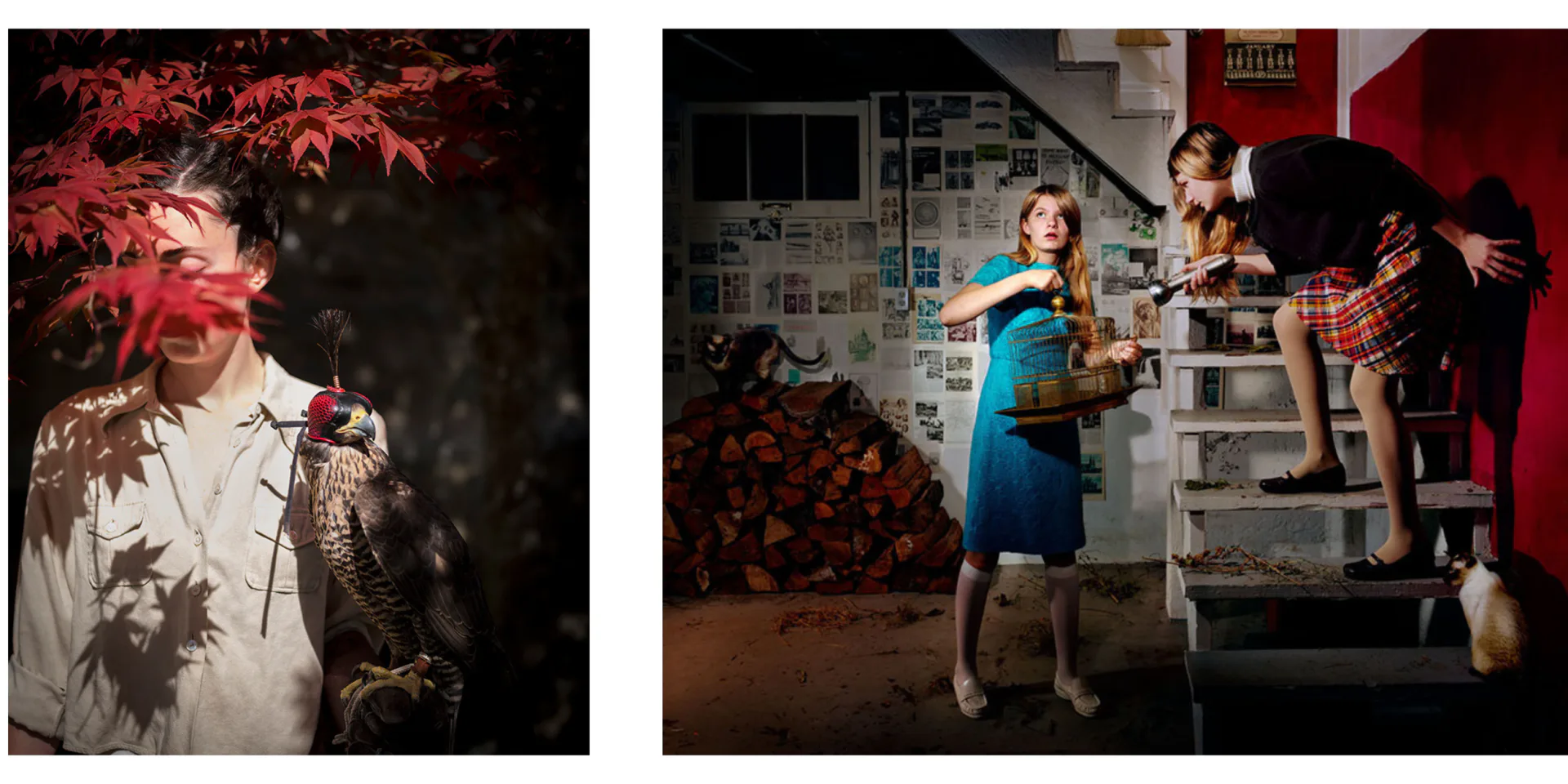 Two diptych photographs: left panel shows a person in white shirt with red foliage overlay; right panel depicts figures in a gallery-like interior with red walls and photographs.