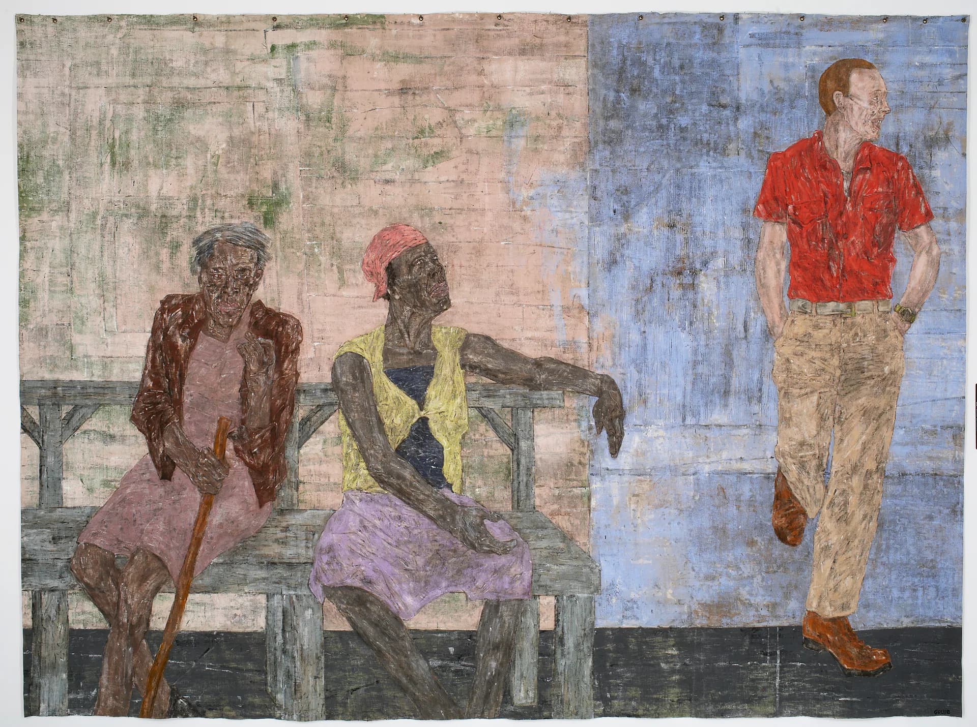 Mural or mixed-media artwork divided into two sections: left side shows two seated figures in muted tones; right side depicts a standing figure in a red shirt against a blue background.