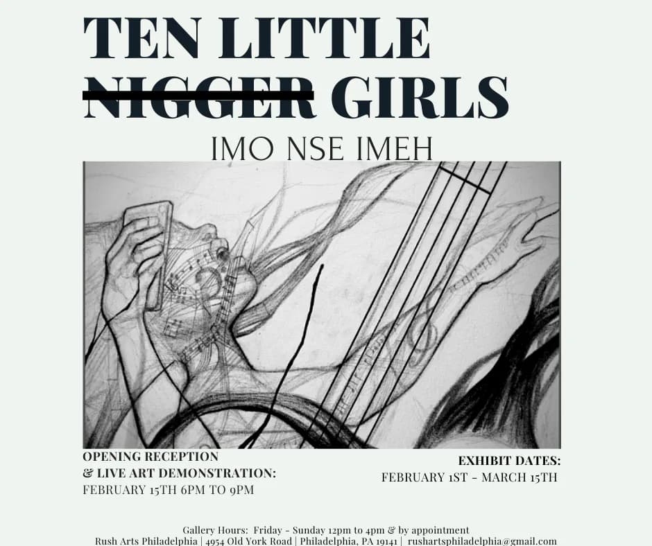 Exhibition announcement for Ten Little Girls by Imo Nse Imeh, featuring black and white abstract line drawing, opening February 27, 2016.