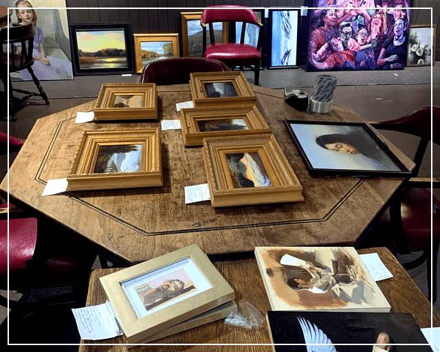 Gallery display table with multiple framed artworks in gold and wooden frames, various sizes, with additional pieces visible on walls behind.