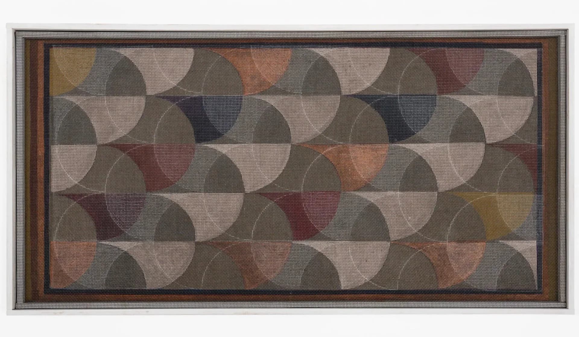 Abstract textile or print with repeating geometric pattern of overlapping semicircles in muted earth tones—tan, gray, rust, and burgundy—framed with dark border.