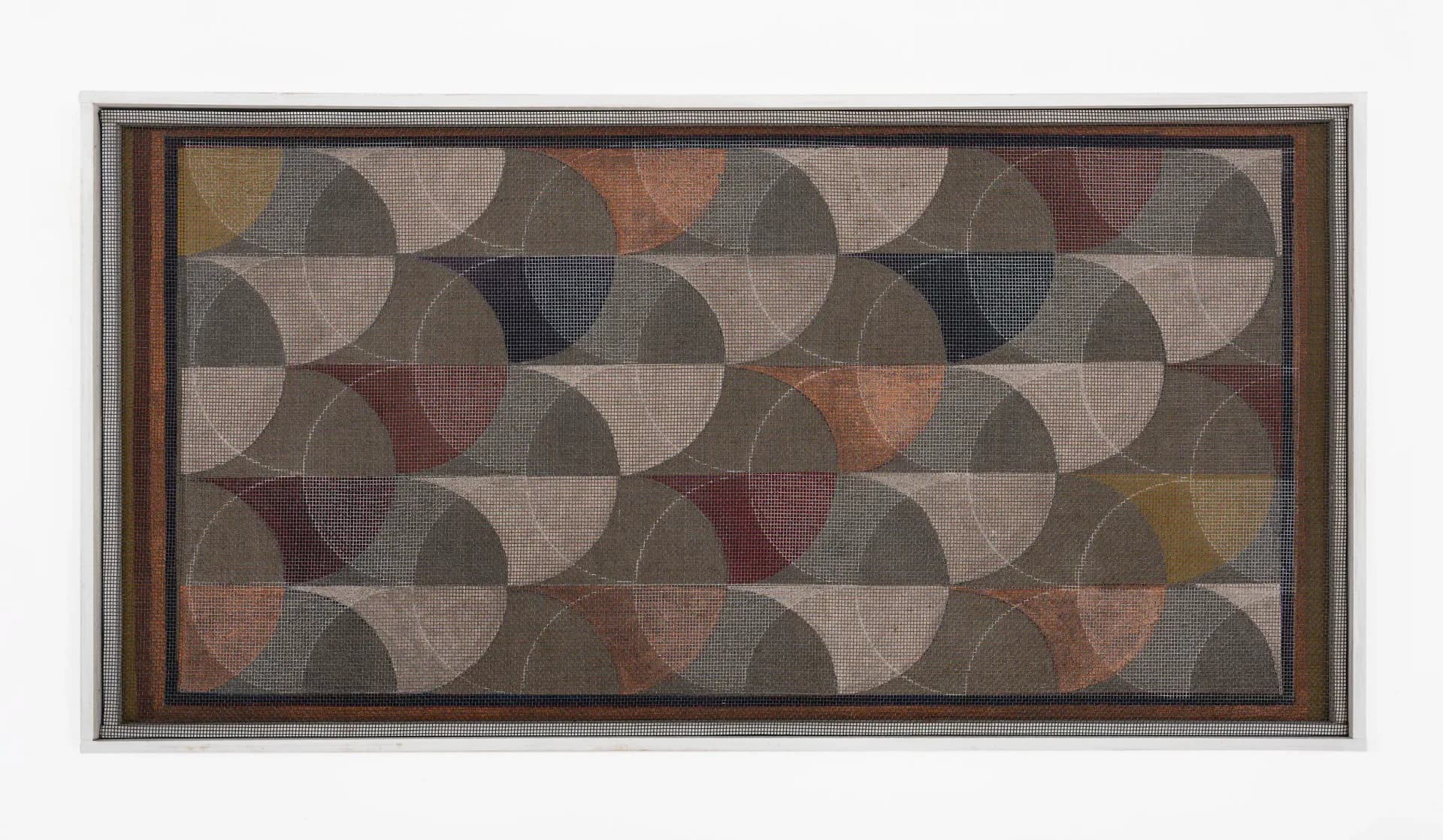 Abstract textile or print artwork with repeating geometric pattern of interlocking semicircles in cream, gray, rust, and burgundy tones with framed border.