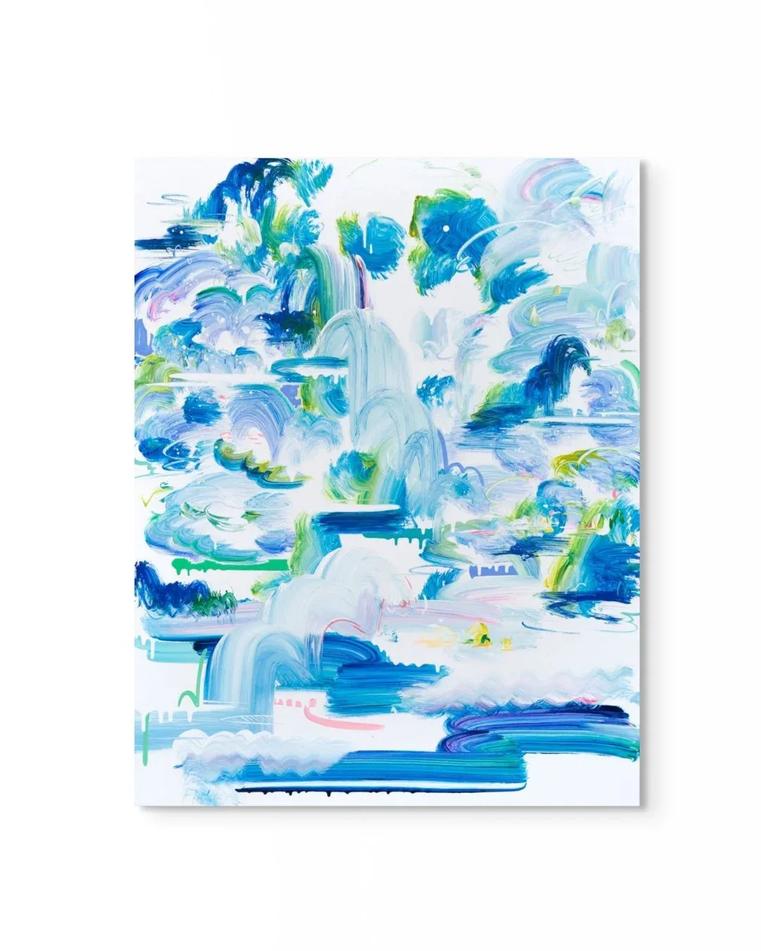 Abstract painting with blue, green, and white gestural brushstrokes creating dynamic layered composition on white canvas.