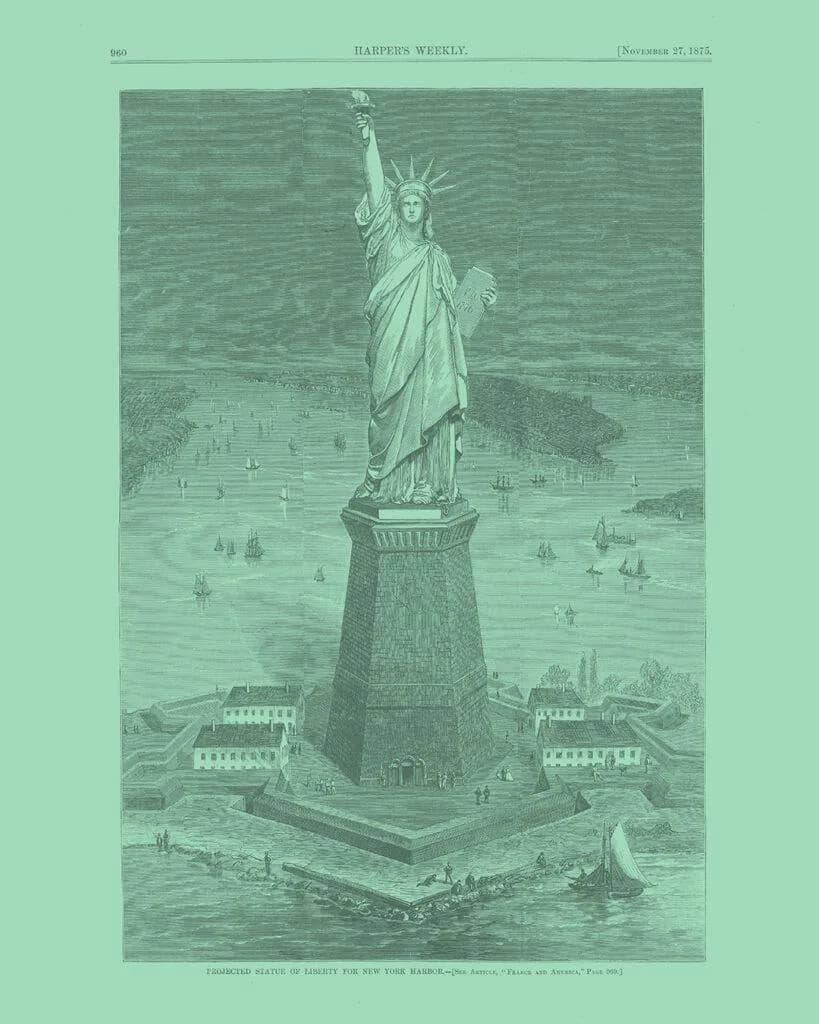Engraved illustration of the Statue of Liberty on its pedestal surrounded by water and New York harbor, rendered in green and white tones.