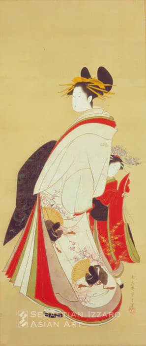 Japanese ukiyo-e woodblock print of a standing woman in white and red garment with elaborate hairstyle, holding fan, on pale yellow background.