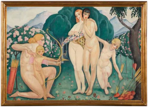 Art Deco style painting: two seated nude women with cherubs in an idealized garden landscape with rich teal and cream palette, gold frame.