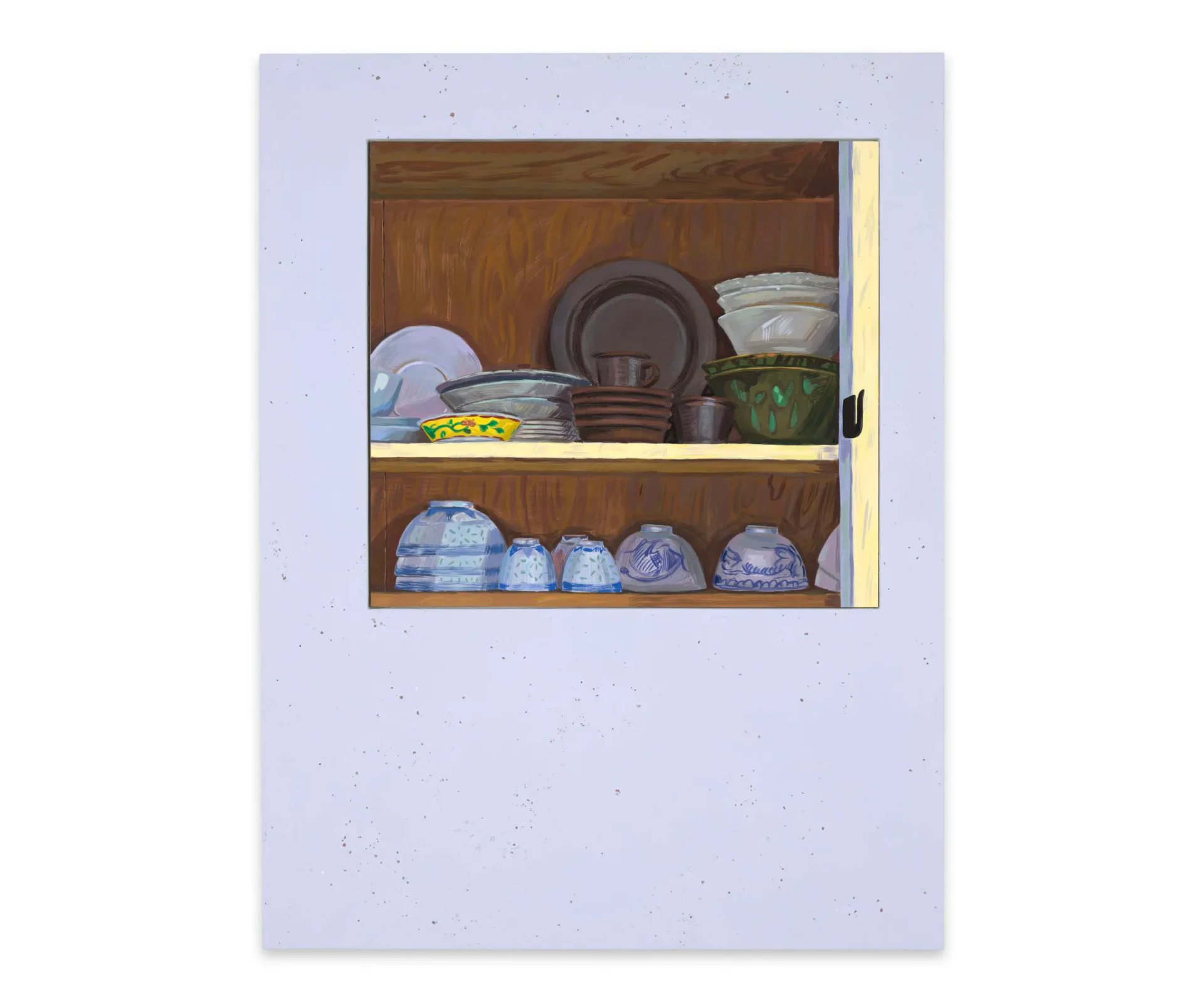 Painting on lavender-gray ground depicting a wooden cabinet filled with blue and white ceramic dishes and bowls arranged on two shelves.