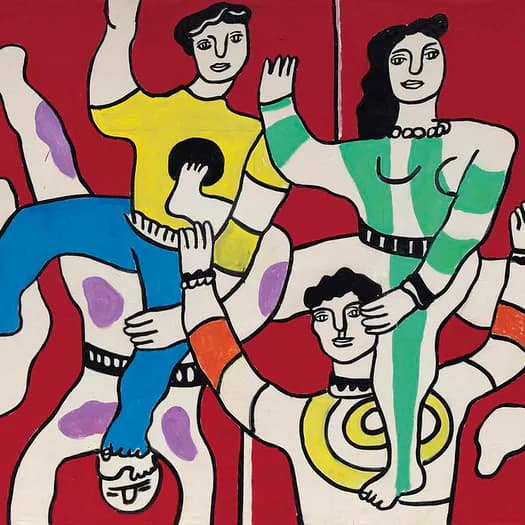 Bold, graphic painting with simplified human figures in primary colors—yellow, blue, red—and white against a deep red background, with black outlines and faces.