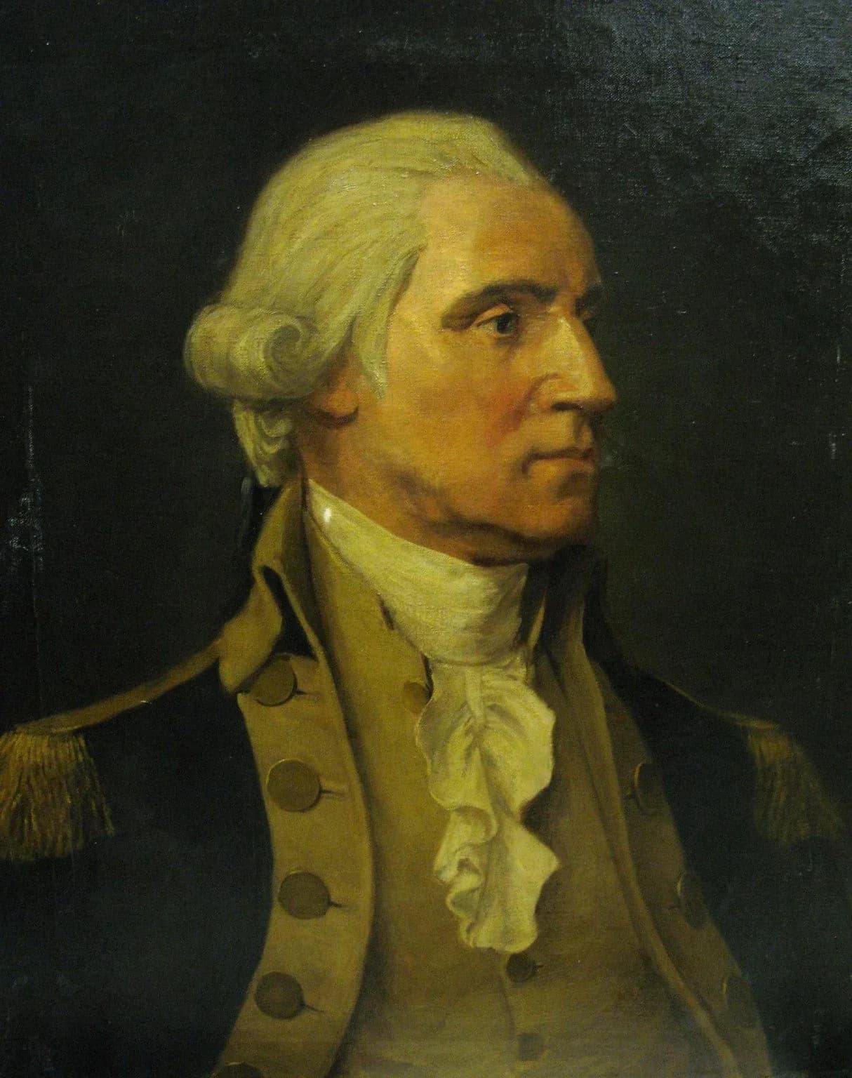 Portrait painting of a man in profile wearing 18th-century military dress with yellow epaulettes and white cravat against dark background.