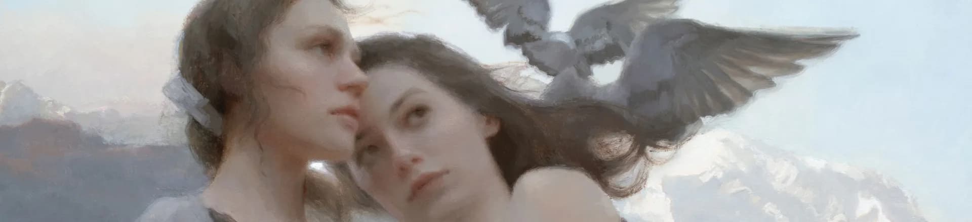 Romantic painting of two figures in profile with a bird overhead, soft muted tones and ethereal composition.