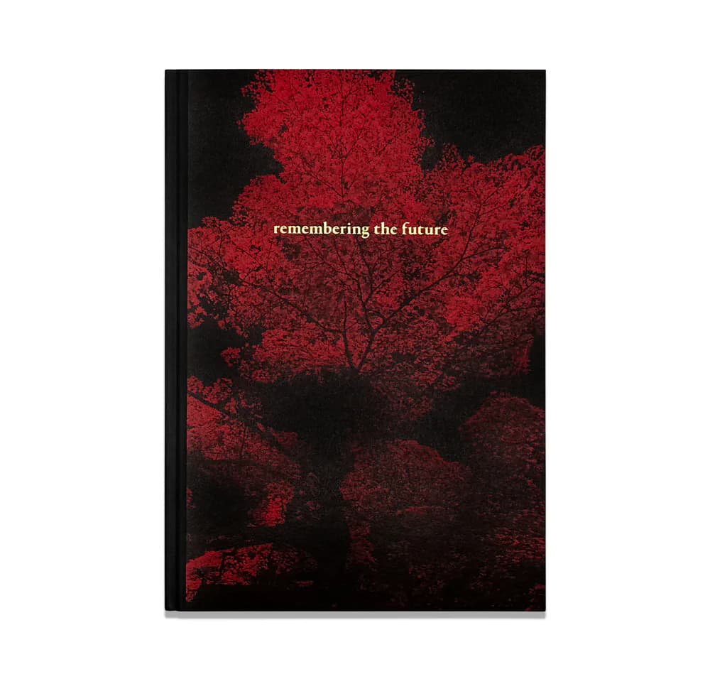 Book cover with dark background and striking red coral or tree-like organic form, text reading 'remembering the future' in white.