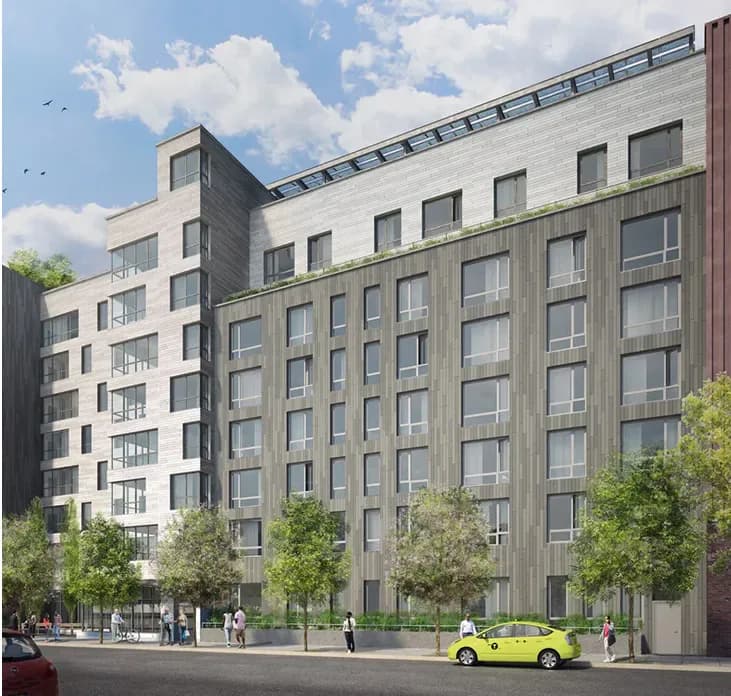 Architectural rendering of a modern mixed-use residential building with cream and bronze-toned facades, street-level retail, and pedestrians and a yellow vehicle on the sidewalk.