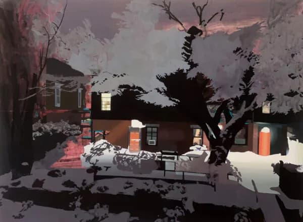 Mixed-media installation featuring a stylized house structure with twisted trees, pink and black tones, and architectural elements arranged on a white platform.