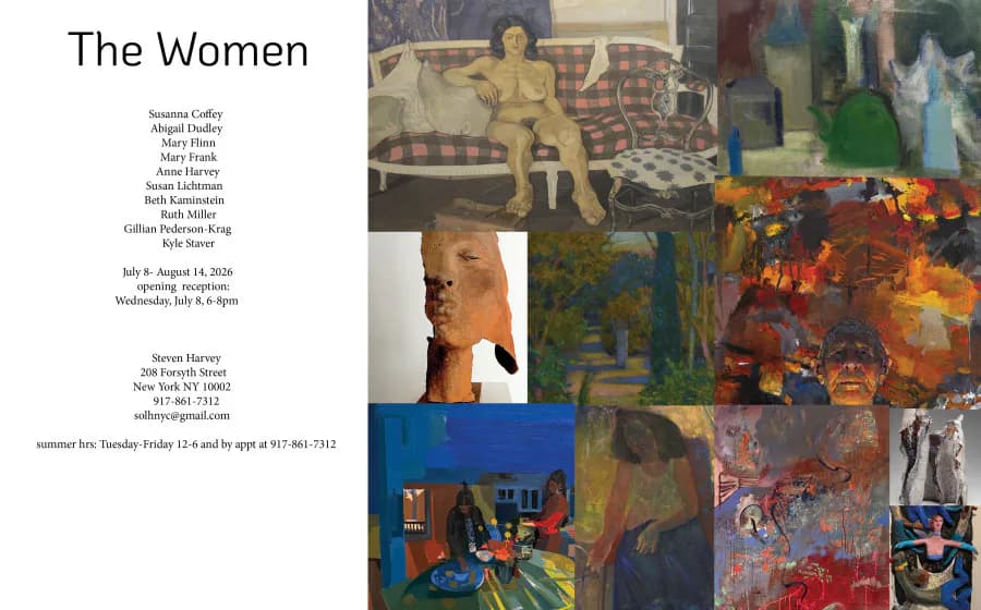 Exhibition announcement for 'The Women' at Steven Harvey Fine Art Projects, displaying grid of diverse artworks and artist names.
