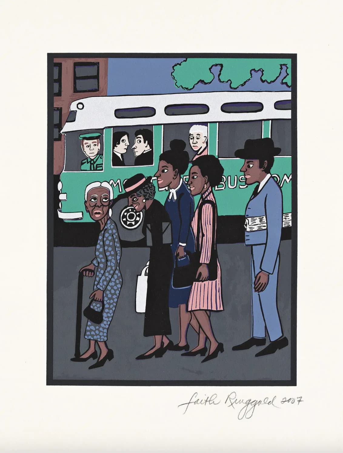 Illustration of diverse people boarding or standing near a green bus, rendered in muted colors with ink outlines, signed 'Faith Ringgold 2024'.