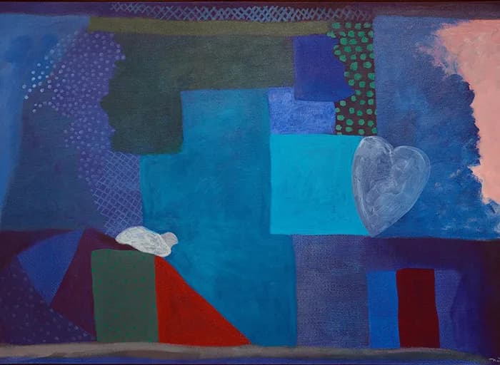 Mixed-media abstract composition combining geometric color blocks in blue, teal, and red with textured patterns and translucent heart shape.