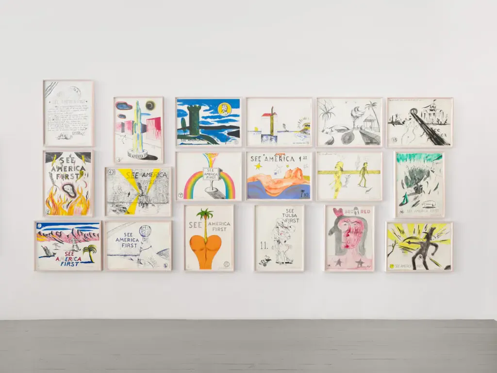 Gallery wall at Susan Sheehan Gallery displaying a mixed grid of approximately 24 small framed artworks in various media.