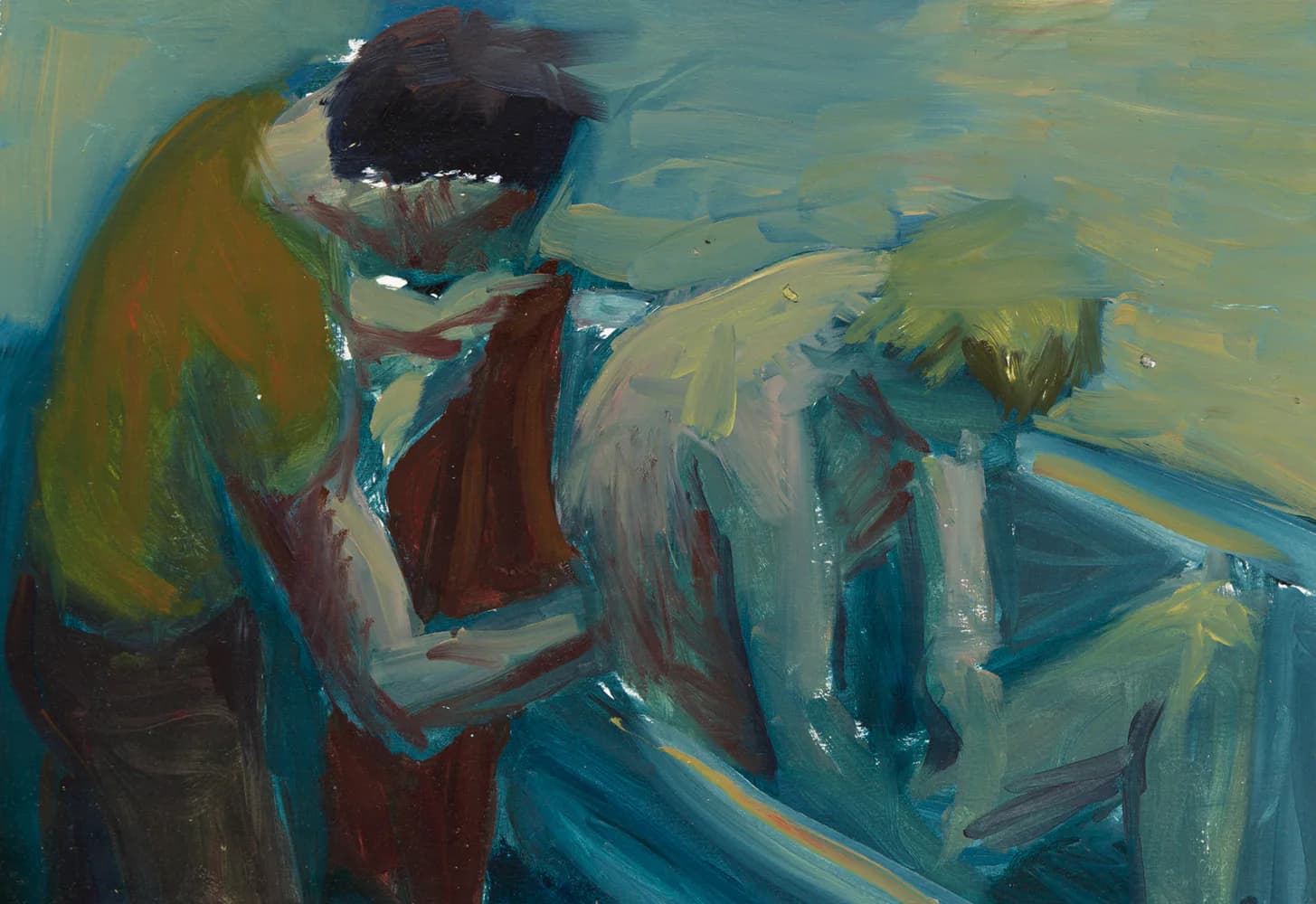 Abstract oil painting depicting two figures in muted earth tones and blues, with gestural brushstrokes and obscured forms.