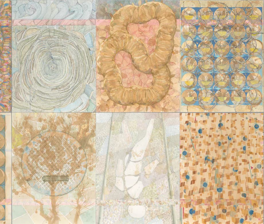 Six-panel mixed-media artwork grid with varied abstract and patterned compositions in warm tones—circles, floral forms, geometric patterns, and linear elements.