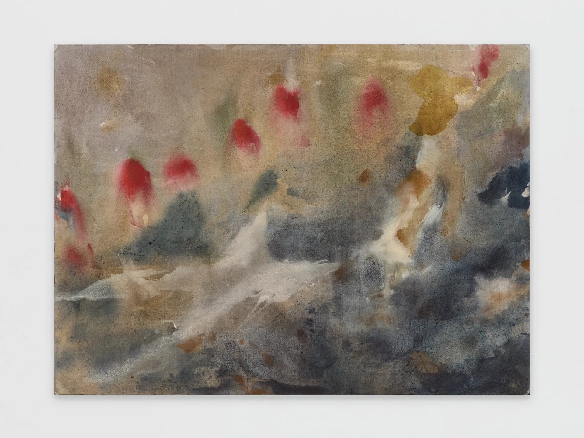 Mixed-media artwork by Tara Downs with muted earth tones, gray and tan base with red and blue gestural marks suggesting an abstracted gathering or crowd.