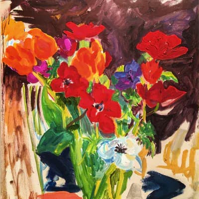 Vibrant mixed-media floral still life with red, orange, and pink flowers in a white vase against a dark purple background.