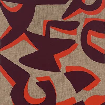 Abstract textile or mixed-media composition with bold red and dark burgundy organic shapes on a neutral linen-like background.