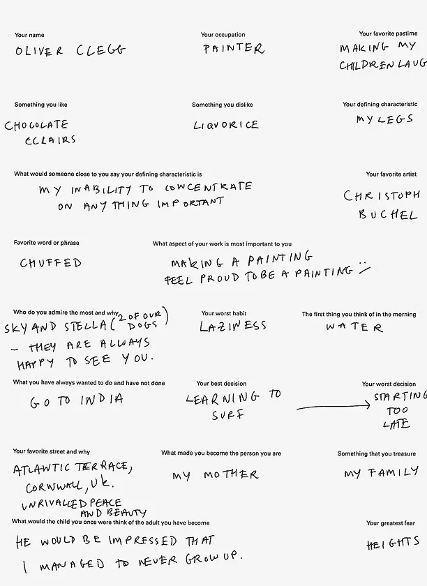 Handwritten questionnaire form filled out by painter Oliver Clegg with personal details, preferences, and reflective responses in black ink on white paper.