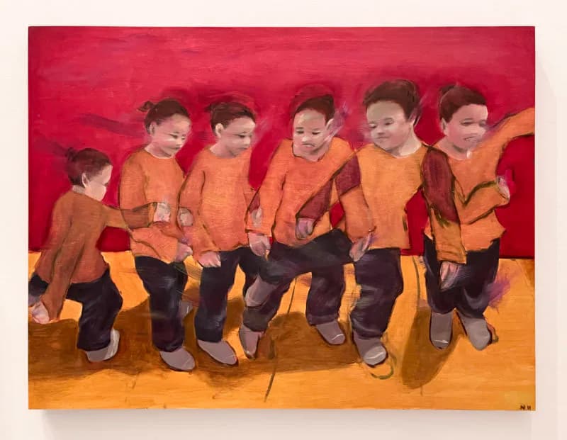 Painting of six young children in orange and yellow clothing arranged on a red and orange background, rendered in bold saturated colors.